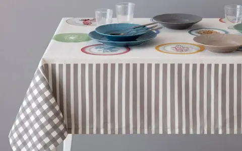 Tovaglia a righe e quadretti con piatti colorati. Un'idea per sapere come smacchiare le tovaglie e mantenerle sempre perfette.