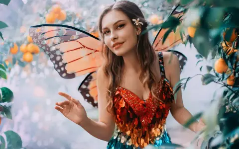 Ragazza con ali da farfalla e abito scintillante, un'idea per vestiti carnevale donna fai da te.