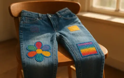 Jeans con vivaci rammendi creativi: un fiore colorato e un arcobaleno, che trasformano un capo semplice in un'opera d'arte.