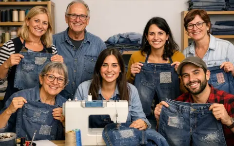 Un gruppo sorridente mostra i loro jeans con toppe decorative, un esempio di rammendo jeans a mano.