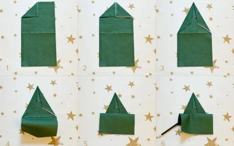Passaggi per creare alberelli di Natale con tovaglioli piegati. Un modo creativo per decorare la tavola delle feste.