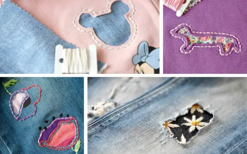 Ricamo creativo per rammendare un buco: un bassotto fiorato, un topolino e fiori su jeans.
