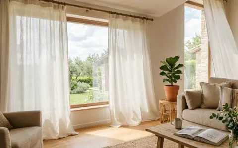 Tende leggere in lino che filtrano la luce, ideali per creare un'atmosfera rilassante. Scopri i migliori tessuti per tende.