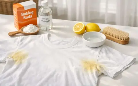 Maglietta bianca con macchie gialle sotto le ascelle, accanto a bicarbonato, aceto, limoni e spazzola per bucato.