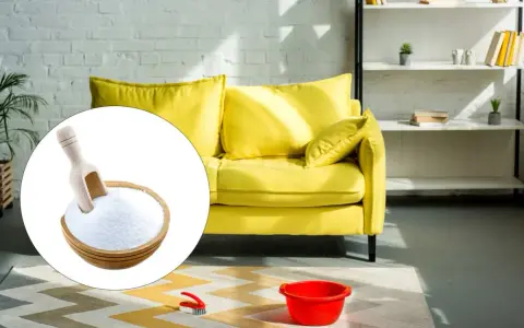 A bowl of baking soda with a scoop, next to a yellow sofa and cleaning supplies.
