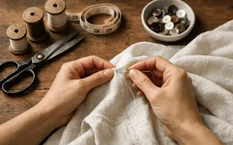 Mani che cuciono su tessuto grezzo, con forbici, rocchetti di filo e bottoni sparsi. I **sashiko schemi** ispirano la precisione del punto.