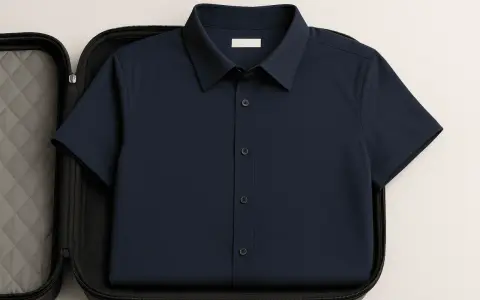 Camicia blu scuro piegata in una valigetta imbottita, un modo intelligente per capire come non stirare le camicie in viaggio.