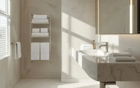 Bagno moderno con asciugamani piegati su scaffali e lavandino, stile b&b come mettere asciugamani in hotel.