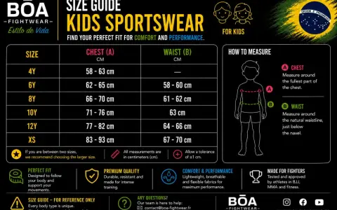 Tabella misure sartoriali bambini BOA: guida taglie sportswear, con misure di torace e vita per ogni età.