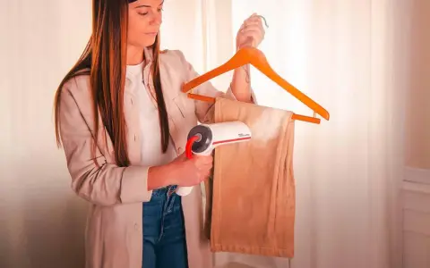 Donna usa un vaporizzatore per stirare velocemente i pantaloni appesi a una gruccia.
