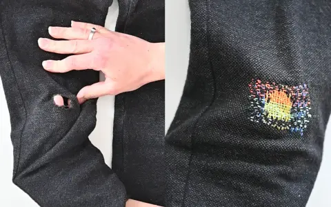 Come ricamare una stella su un buco: un'idea creativa per riparare i jeans con un tocco arcobaleno.