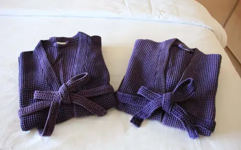 Due accappatoi viola, piegati e legati con la loro cintura, pronti per essere riposti. Ecco come piegare un accappatoio per un riordino perfetto.