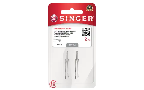 Confezione di due aghi gemelli Singer 4.0 mm, ideali per tessuti leggeri e medi. La tabella aghi per macchina da cucire indica la misura 80/12.