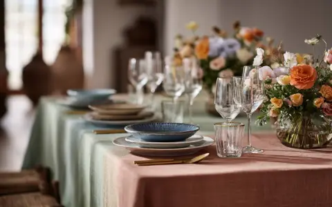 Tavola apparecchiata con piatti blu e beige, bicchieri e fiori colorati. Un esempio di come abbinare i piatti alla tovaglia sfumata.