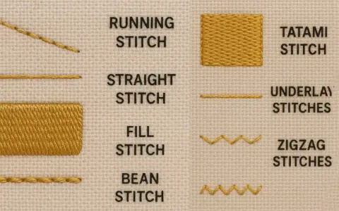 Esempi di punti ricamo: running stitch, straight stitch, fill stitch, bean stitch, tatami stitch, underlay stitches, zigzag stitches.