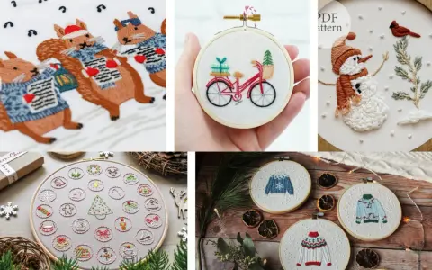 Ricami gratis per Natale: scoiattoli festosi, pupazzo di neve, bici con pacchi regalo e maglioni natalizi.