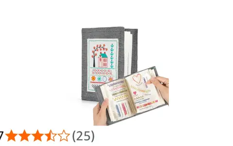A book of embroidery stitches, with a cover featuring a house and tree, and open pages showing various stitched patterns.