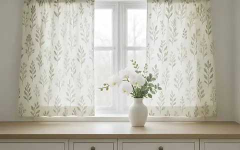 Tende fai da te con delicato motivo botanico, perfette per un tocco naturale. Un vaso di orchidee bianche completa l'arredo.