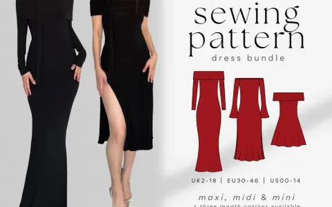 Modello per abito con scollo Bardot e tre opzioni di lunghezza vestito: maxi, midi e mini.