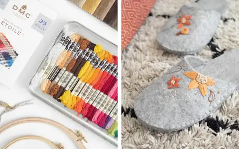 Kit per imparare come ricamare a mano: fili colorati, forbici, telai e pantofole decorate con fiori ricamati.