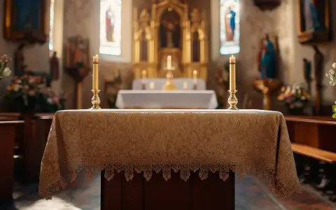 La tovaglia dell'altare, detta anche paliotto, è riccamente decorata con un motivo floreale dorato e un bordo in pizzo. Due candele dorate illuminano l'altare.