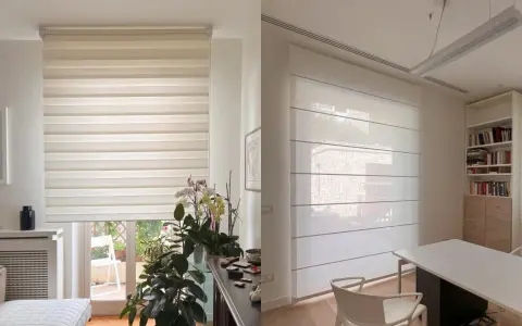 Due diversi tipi di tende: una a rullo a strisce alternate e una a pacchetto in tessuto leggero, che filtrano la luce in ambienti moderni.