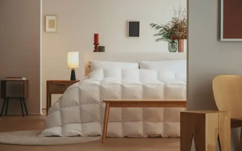 Un letto accogliente con un piumone bianco trapuntato, pronto per accogliere la parte tonda del piumone dove va, creando un nido perfetto.