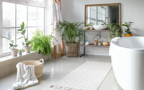 Bagno luminoso con piante, vasca, lavabo e un tappeto che aspetta di essere lavato in lavatrice.