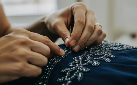 Mani esperte ricamano per confezionare un abito blu scuro, aggiungendo dettagli scintillanti con ago e filo.
