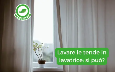 Tende chiare drappeggiate su una finestra, con una pianta in vaso sul davanzale. Il testo chiede: "Lavare le tende in lavatrice: si può?".