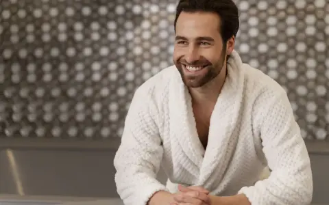 Uomo sorridente in un morbido accappatoio che asciuga bene, con uno sfondo a mosaico.