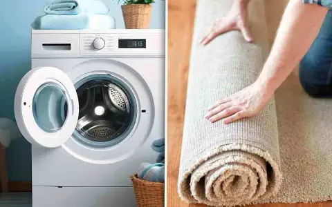 Lavatrice con cestello aperto e un tappeto arrotolato. Se la lavatrice non centrifuga il tappeto, potrebbe essere necessario un lavaggio a mano.