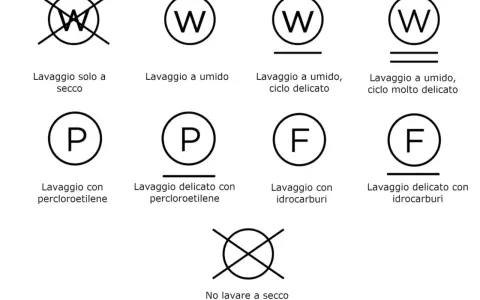 Guida ai simboli lavaggio capi: lavaggio a secco, a umido, con percloroetilene e idrocarburi, con indicazioni per cicli delicati.