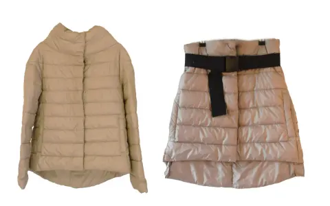 Giubbotto piumino beige e gonna piumino con cintura nera. Ideale per chi vuole imparare come tingere un giubbotto piumino.