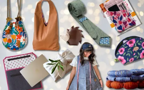 A collage of handmade fabric items: bags, a tie, a hedgehog coin purse, a laptop sleeve, a gift-wrapped item, and a woman in an apron.