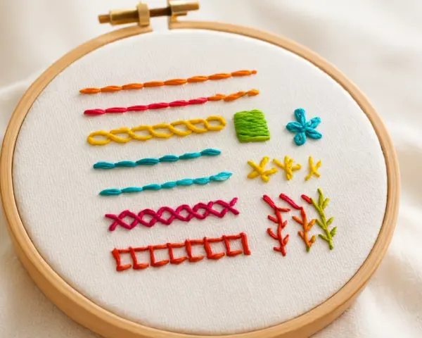 Embroidery hoop with various colorful stitches and patterns on white fabric.