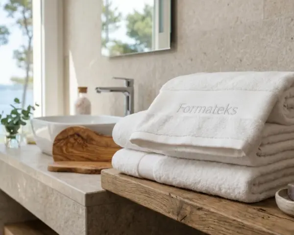 Asciugamani bianchi morbidi, con logo "Formateks", pronti per essere usati. Si possono lavare asciugamani e tovaglie insieme, per un bucato sempre fresco.