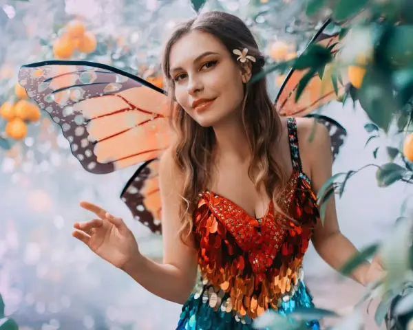 Ragazza con ali da farfalla e abito scintillante, un'idea per vestiti carnevale donna fai da te.