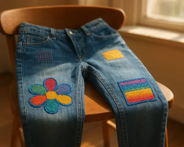 Jeans con vivaci rammendi creativi: un fiore colorato e un arcobaleno, che trasformano un capo semplice in un'opera d'arte.