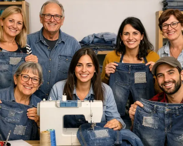 Un gruppo sorridente mostra i loro jeans con toppe decorative, un esempio di rammendo jeans a mano.