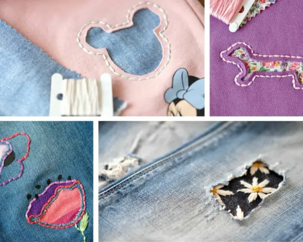 Ricamo creativo per rammendare un buco: un bassotto fiorato, un topolino e fiori su jeans.
