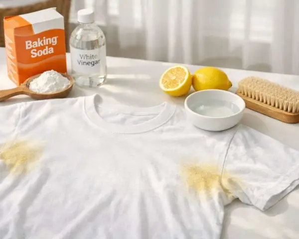 Maglietta bianca con macchie gialle sotto le ascelle, accanto a bicarbonato, aceto, limoni e spazzola per bucato.