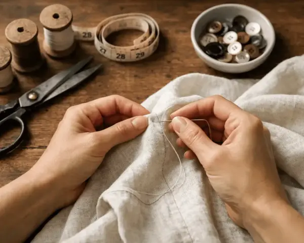 Mani che cuciono su tessuto grezzo, con forbici, rocchetti di filo e bottoni sparsi. I **sashiko schemi** ispirano la precisione del punto.
