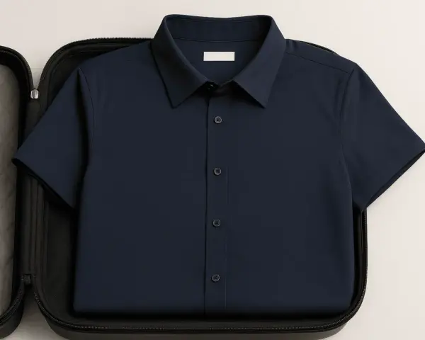 Camicia blu scuro piegata in una valigetta imbottita, un modo intelligente per capire come non stirare le camicie in viaggio.