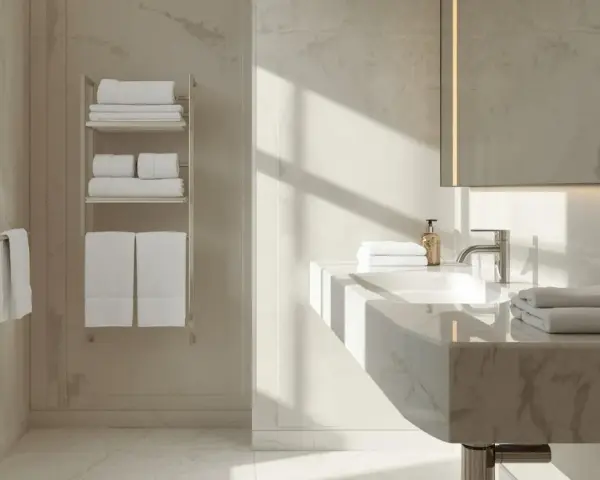 Bagno moderno con asciugamani piegati su scaffali e lavandino, stile b&b come mettere asciugamani in hotel.