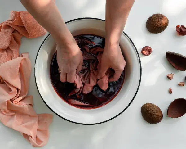 Mani che tingono tessuti con il tè in una bacinella. Pezzi di avocado e tessuti color pesca completano la scena.