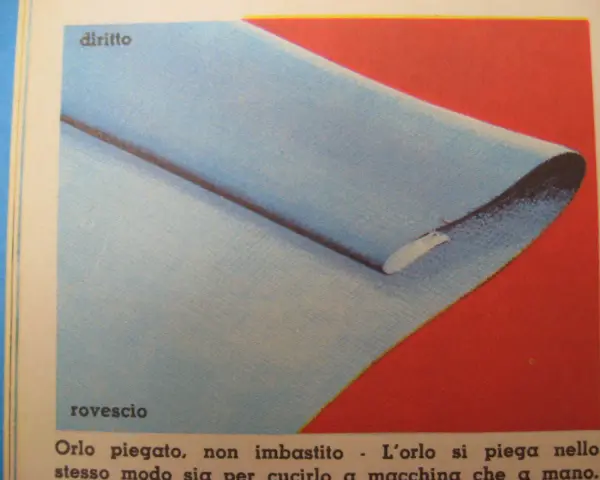 Orlo piegato, non imbastito. L'orlo si piega nello stesso modo sia per cucirlo a macchina che a mano.