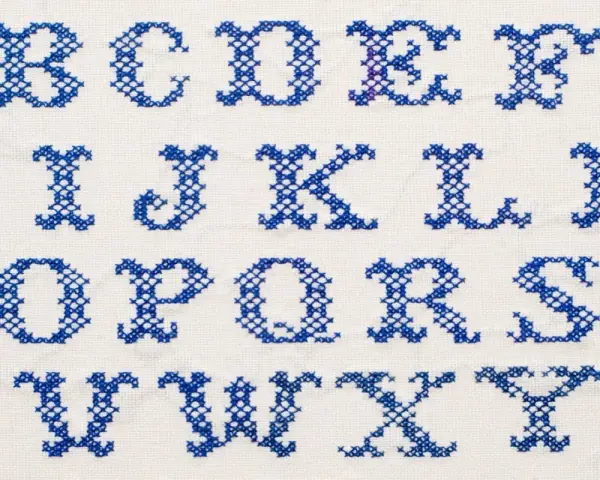 Alfabeto completo ricamato a punto croce blu su bianco. Ideali per facili disegni da ricamare gratis, perfetti per personalizzare ogni progetto.
