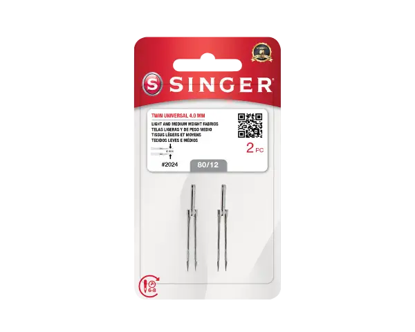 Confezione di due aghi gemelli Singer 4.0 mm, ideali per tessuti leggeri e medi. La tabella aghi per macchina da cucire indica la misura 80/12.