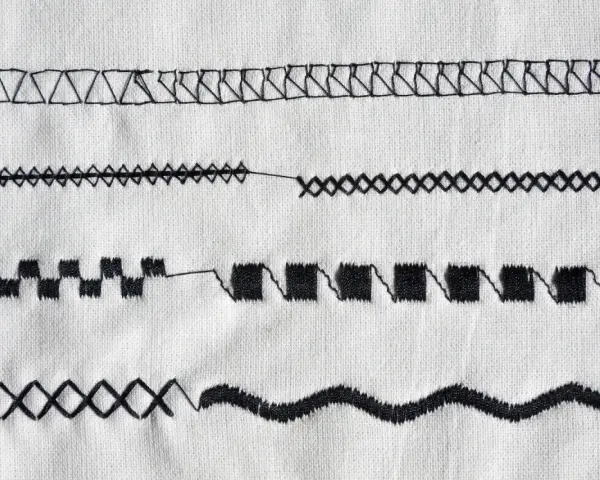 Close-up of various black sewing machine stitches on white fabric.